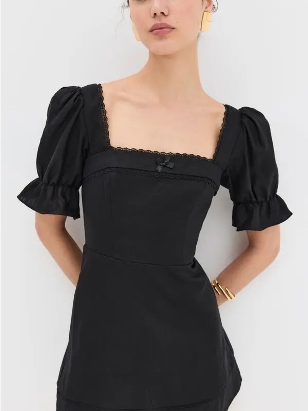 Reformation Black Square-Neck Puff Sleeve Mini Dress